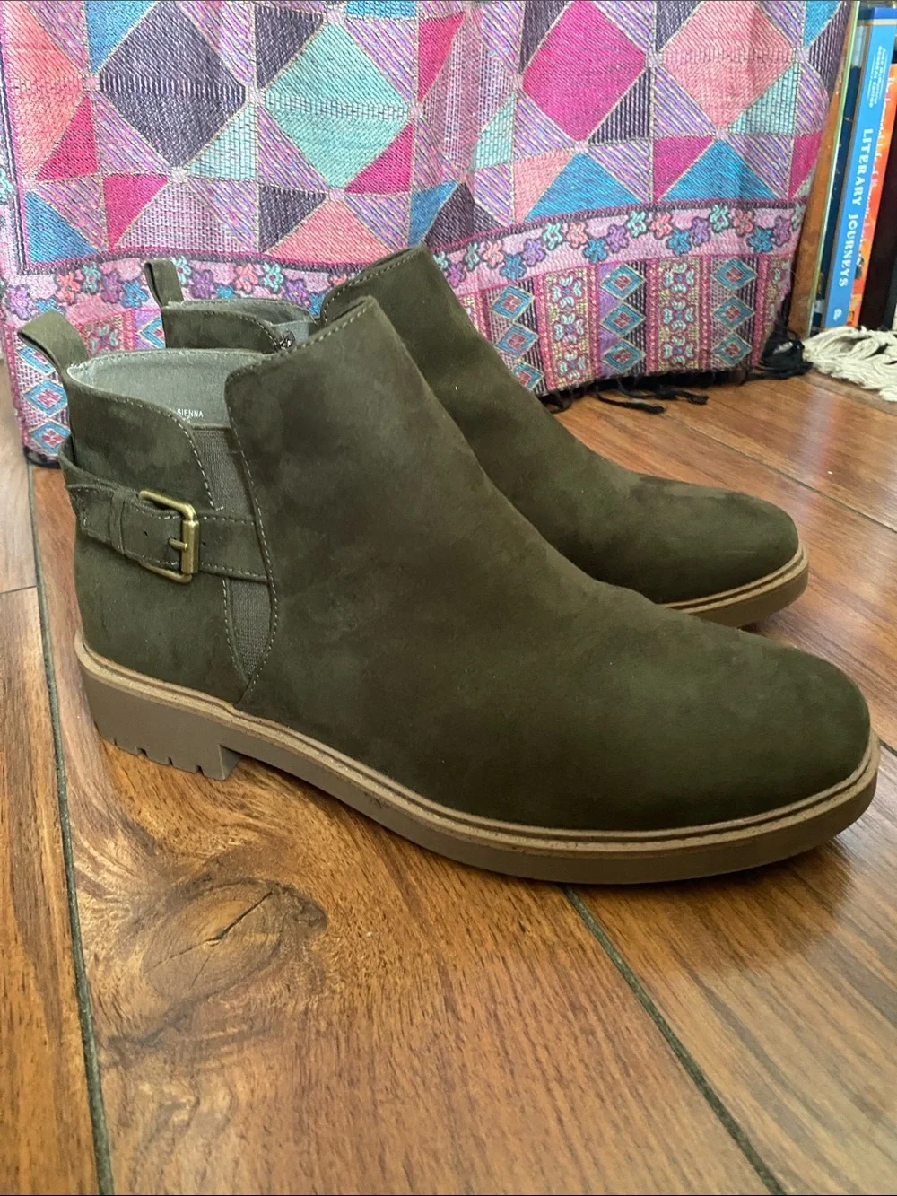 ESPRIT Women's Olive Green Faux Suede Ankle Boots with Side Buckle and Zipper 9